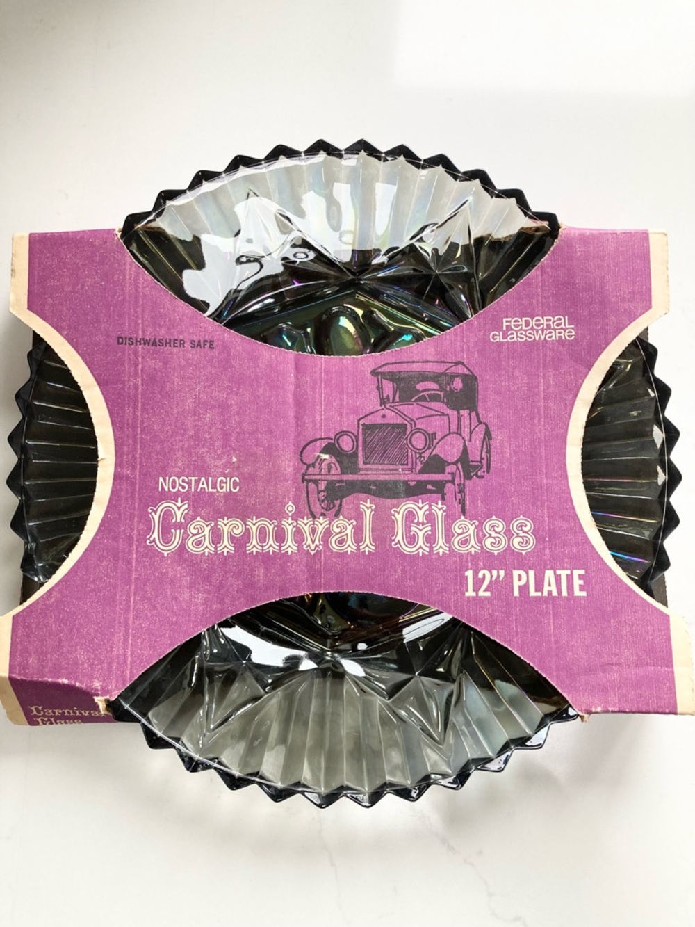 Vintage Federal Glass "Nostalgic" Carnival Glass 12" Plate - Iridescent Smoke - Picture 3 of 4